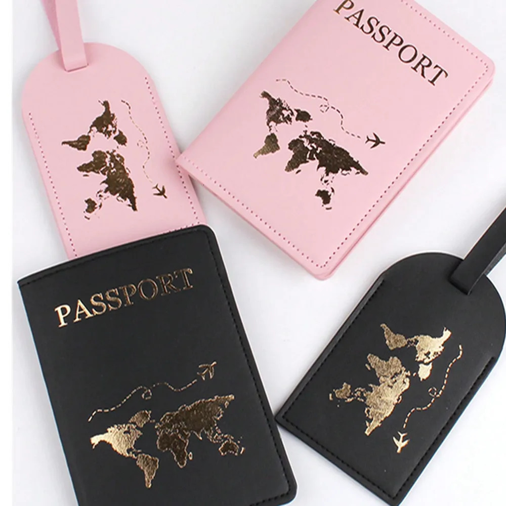 4PCS a Set Solid Map Passport Cover Luggage Tag Couple wedding Case set Letter Travel Holder Cover 250614
