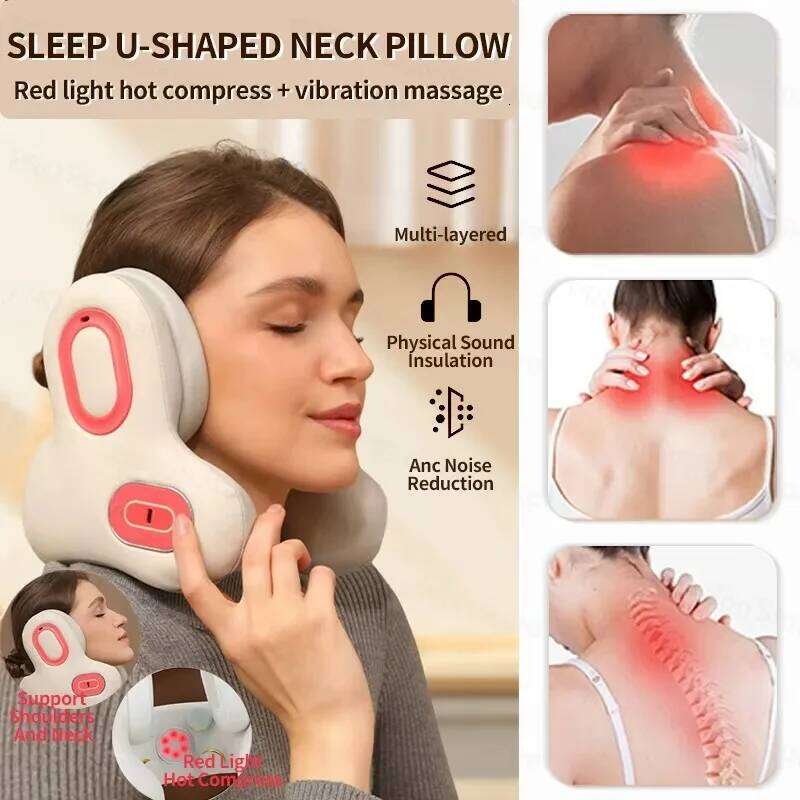 Wireless Red Light Hot Compress Massager Sleep Noise Reduction U-Shaped Neck Pillow Maseador Bluetooth Music