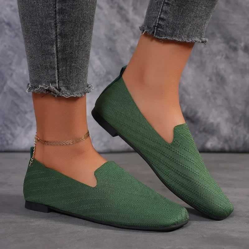 2024 Solid Color Square Toe Mesh Loafers Shallow Women Flats Shoes Soft Bottom Knit Ballet Flats Shoes Casual Slip Shoes XJ250614