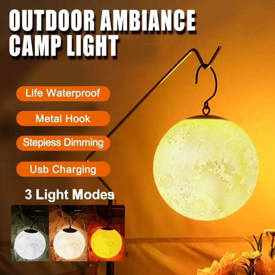 Outdoor LED Camping Lantern Waterproof Tent Lamp USB Rechargeable Portable Hanging Moon Light Garden Decor Lights W250613