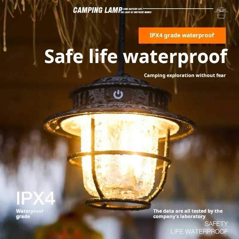 Rechargeable Vintage LED Camping Lantern Portable Waterproof Stepless Dimming Hanging Light for Outdoor Tent Picnic Emergency W250613