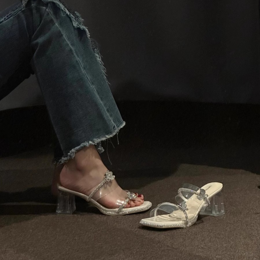 Ddmysports Women S Shoes Summer New Sandals Mid Crystal High Heels Chunky Heel Two Way Wear Rhinestone Outdoor Slippers Outdoor Shoes