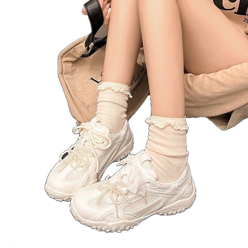 Ddmysports Spring New Thick Soled Lace Pearl Casual German Training Shoes For Women Fashion Niche Agan Sneakers Trend Outdoor Shoes