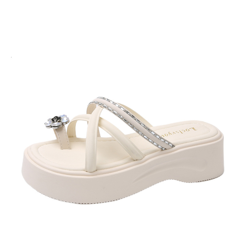 Ddmyoutdoor Summer New Floral Toe Post Thick Sole Slippers For Women Outdoor Rhinestone One Strap High Heel Casual Sandals Outdoor Shoes