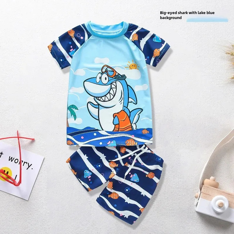 Factory Direct Boys Swimsuit Summer Short Sleeves Cartoon Boys Childrens Two-piece Suit Swimming Cap Swimming Briefs 250614