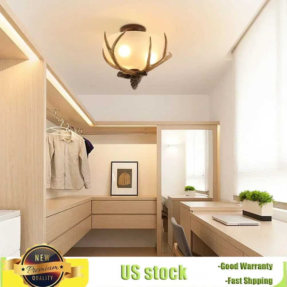 Bymaocar Antler Glass Semi Flush Mount 3-light Fixture Ceiling Lighting European Bronze Pendant Lamp Off-white Glass Lampshade XJ2500613