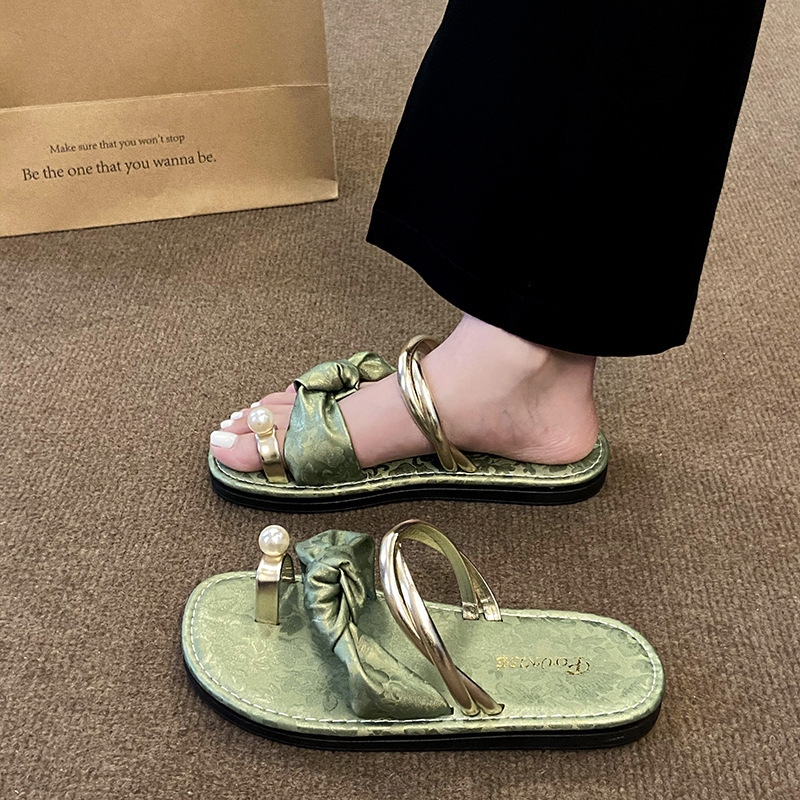 Ddmyoutdoor Women S Summer Sandals New Outdoor Chinese Style Toe Ring Beach Large Size Pearl One Strap Flat Shoes Outdoor Shoes