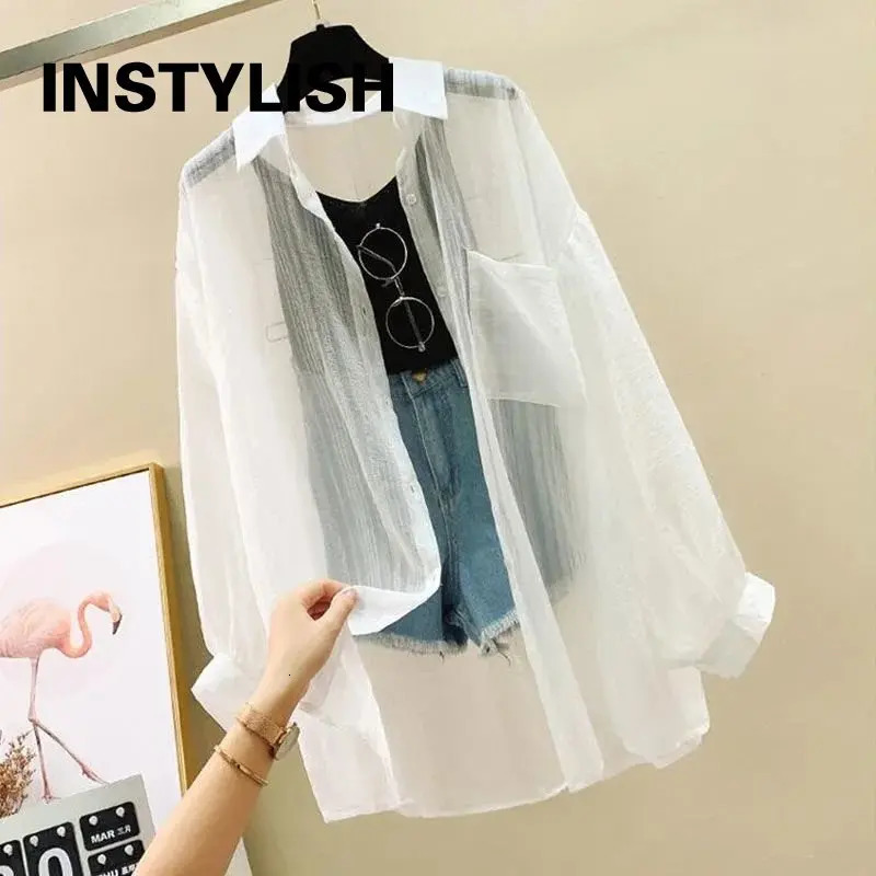 Summer Sunscreen Shirt Elegant Perspective Thin Chiffon Blouse Korean Harajuku See Through Loose Top Casual Womens Cardigan 250614