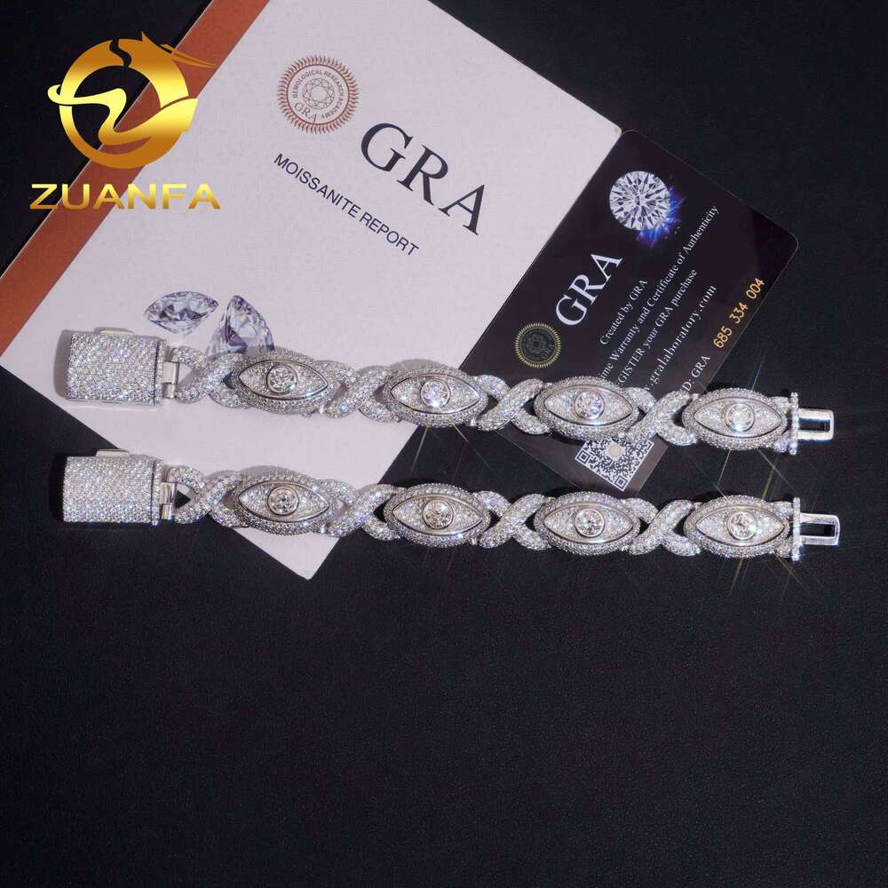 15Mm Iced Out Eye Design Sier Hip Hop Jewelry Unisex Moissanite Cuban Chain Bracelet
