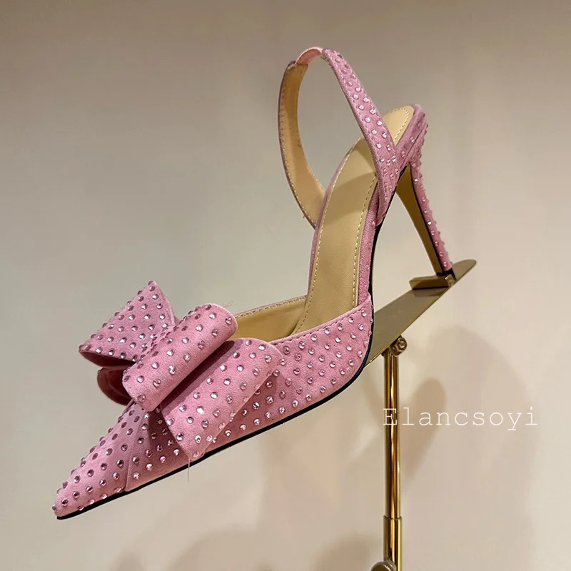 Sparkling Crystal Bow Decoration Thin High-Heeled Sandals Womens Satin Pointed End Sandalias Summer Fashion Party Dress Shoes 250613