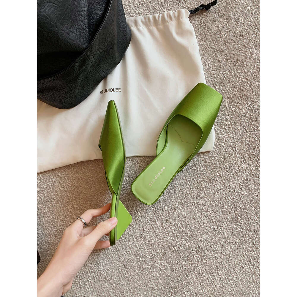 Grape Mom Studiolee French Square Toe Shallow Mouth Silk Satin Triangle Heel High-end Mules for Women Summer