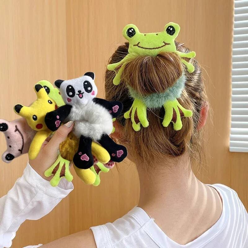 1pcs Girl Frog Plush Green Circle Bun Cute Funny Hair Band Elastic Scrunchies For Women Ponytail Hairstyle
