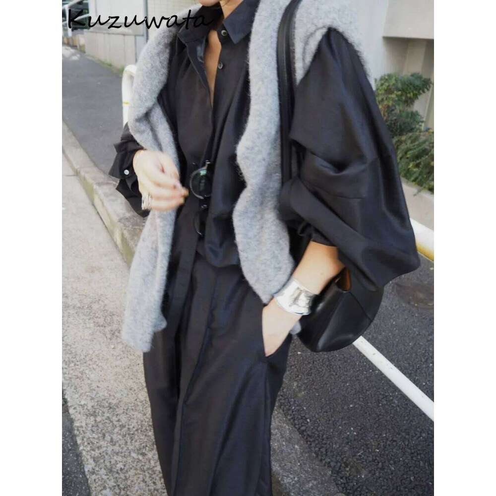 Kuzuwata Haruku Streetwear Turn-down Collar Loose Blusa Slim Lantern Sleeve Advanced Casual Crop Top Japan Profile Simple Tops