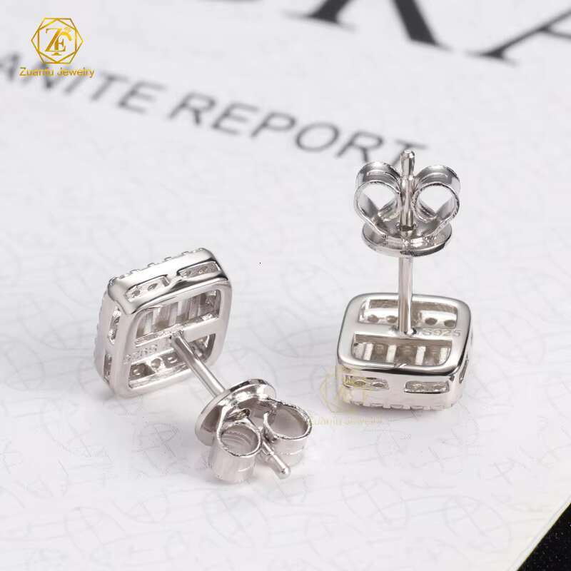 Women Luxury Gold Plated 925 Sterling Silver Iced Out Baguette VVS Moissanite Halo Stud Earrings for Men Hip Hop Diamond Studs