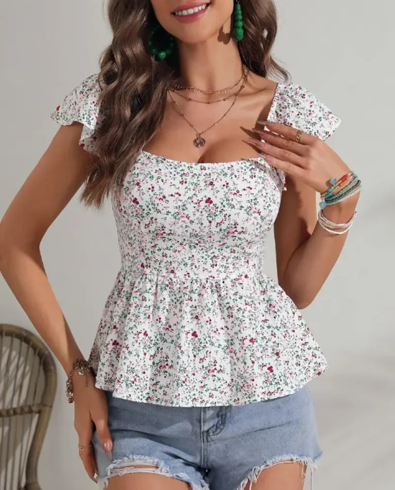 Ladies Summer Floral Laceup Square Neck Slim Fit Vacation Style Highend Sense Shirt Top 250614