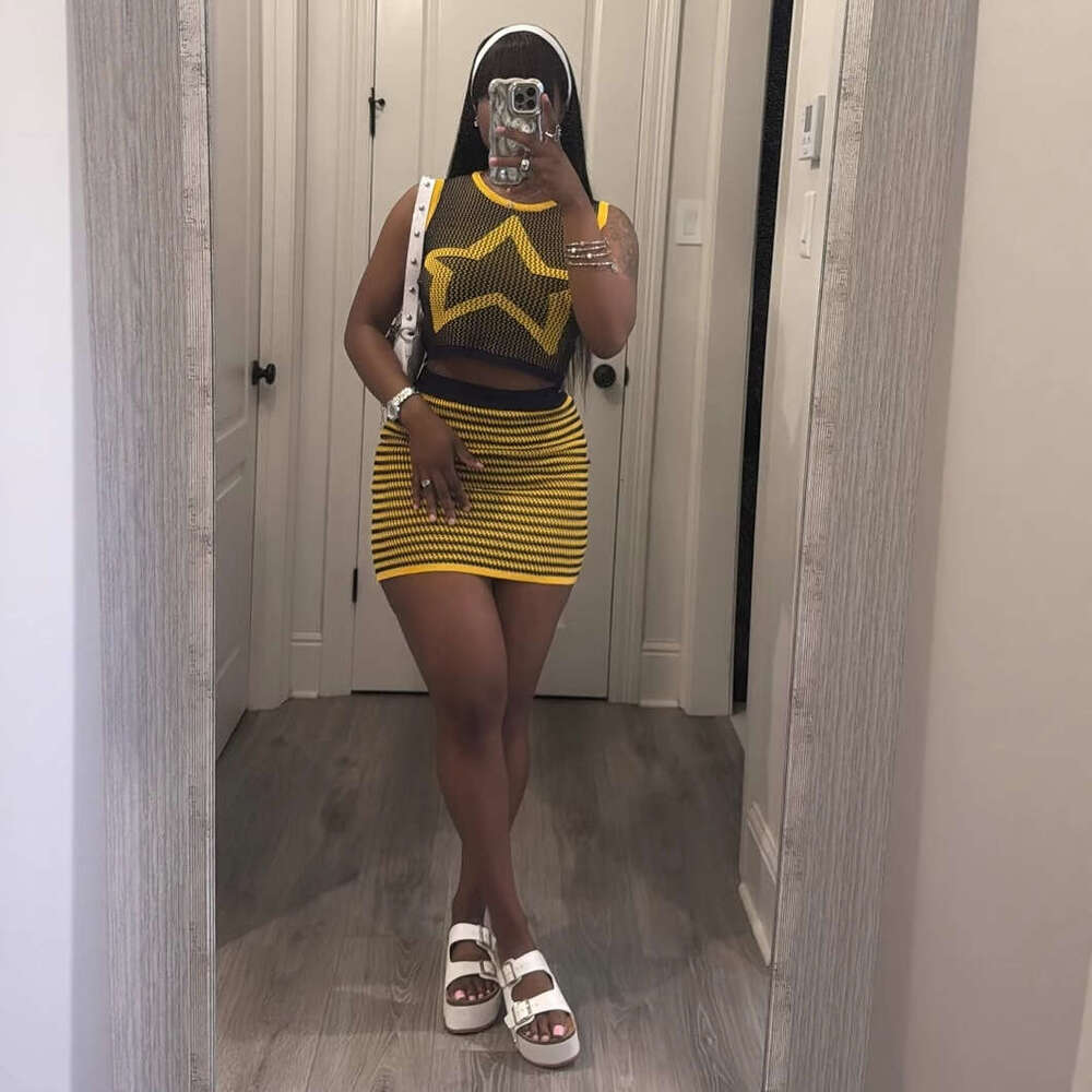 Summer New Knitted Fashion Personality Slim Sexy Bodycon Dress Vest Set B5