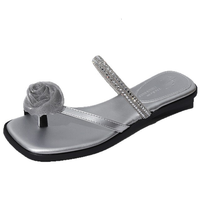 Ddmyoutdoor Fairy Style Fashion Rhinestone Toe Ring Slippers For Women Summer New Chunky Heel Dress Shoes With Flower Design Outdoor Shoes