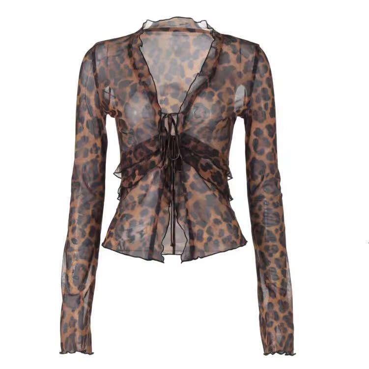 Ins Women's Fashion Summer New Sexy Mesh Sheer Cardigan Tie Leopard Print T-Shirt Trend B5