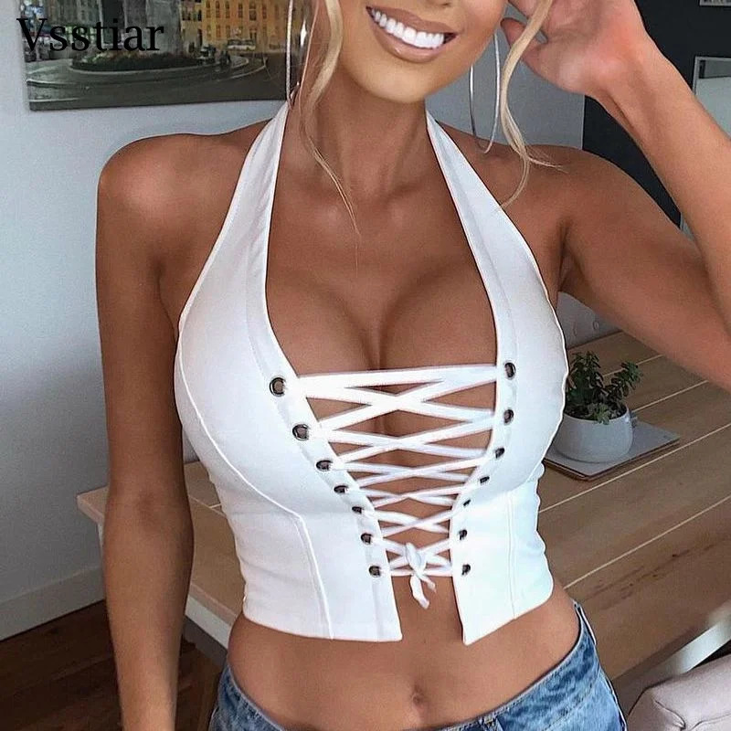 Vsstiar Fashion Leather PU Women Vest Sexy V Neck Backless Halter Crop Top Summer Lace Up Party Clubwear Tanks Black White 250611