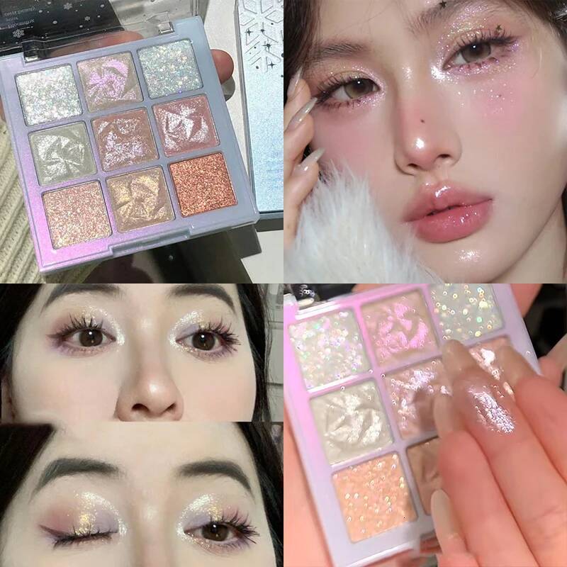Snowflake Dia Eyeshadow Palette 9-Color Polarization Glitter Flash Rose Pink Highlighter Brighten Shiny Eyes Makeup Tools