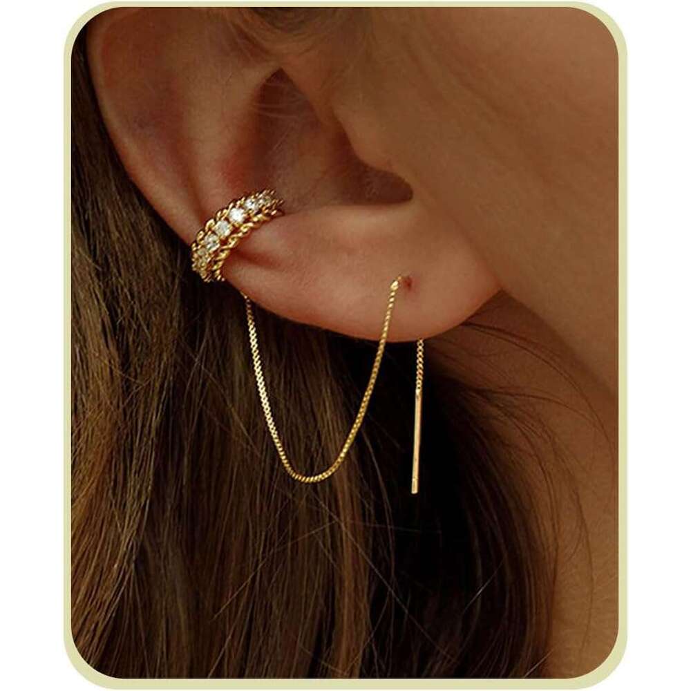 Hie women 14k Dainty Gold Tassel Chain Drop Dangle Small Hoop Stud for Women Teen Cubic Zirconia Sparkling Earrings Clip Womens earrings