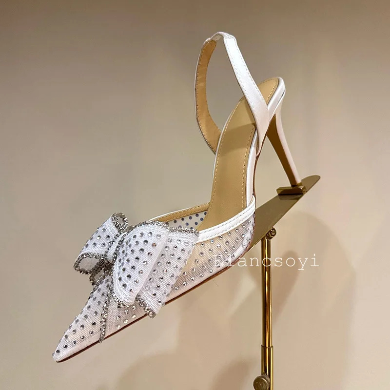 Sparkling Crystal Bow Decoration Thin High-Heeled Sandals Womens Satin Pointed End Sandalias Summer Fashion Party Dress Shoes 250613
