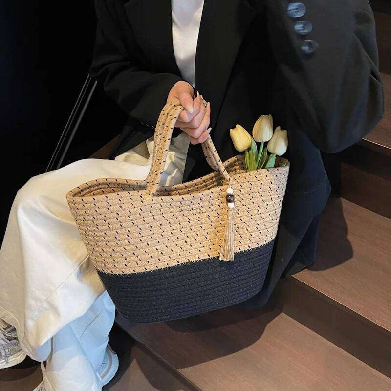 Quality Summer Beach Tote Bags For Women Cotton Rope Woven Contrast Color Large Capacity Shopper Shoulder Totes With Tassels