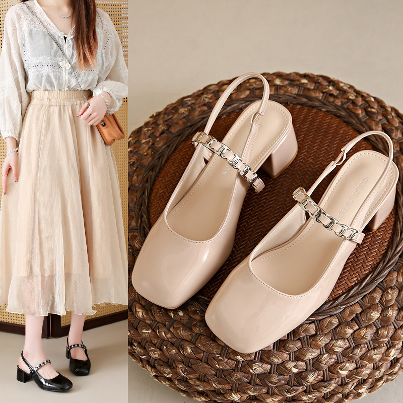 Ddmyoutdoor Open Backless Sandals For Women Summer New Round Toe Fashion Pearl Versatile Chunky Heel Comfortable Mary Jane Shoes Outdoor Shoes