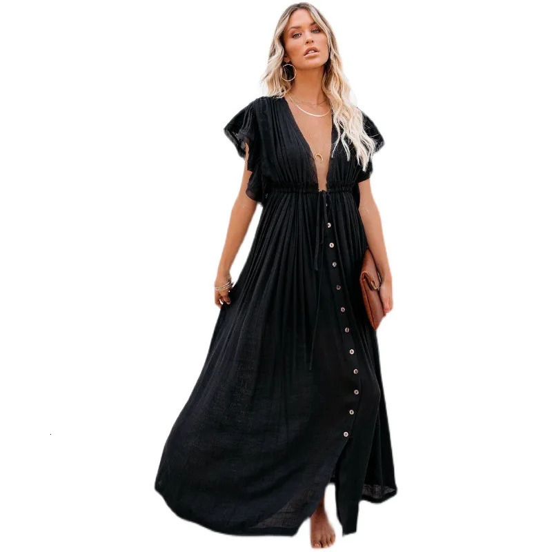 Summer Long Bikini Cover Ups for Women Solid VNeck Kimono Beach Dresses Lace Up AntiSun Swim Dress Bohemian Sarong Skirt 250611