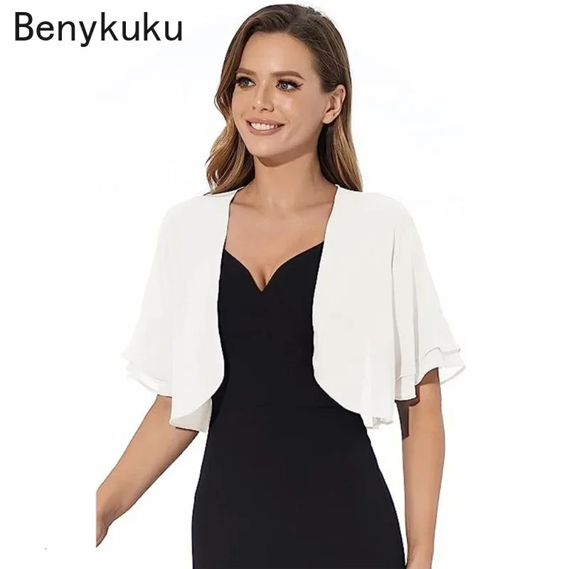 Open Stitch Chiffon Ruffle Sleeve Shrug Cardigan Fashion Sheer Bolero Navy Blue Women Cropped Top Cover Up Shawl Coat 250611