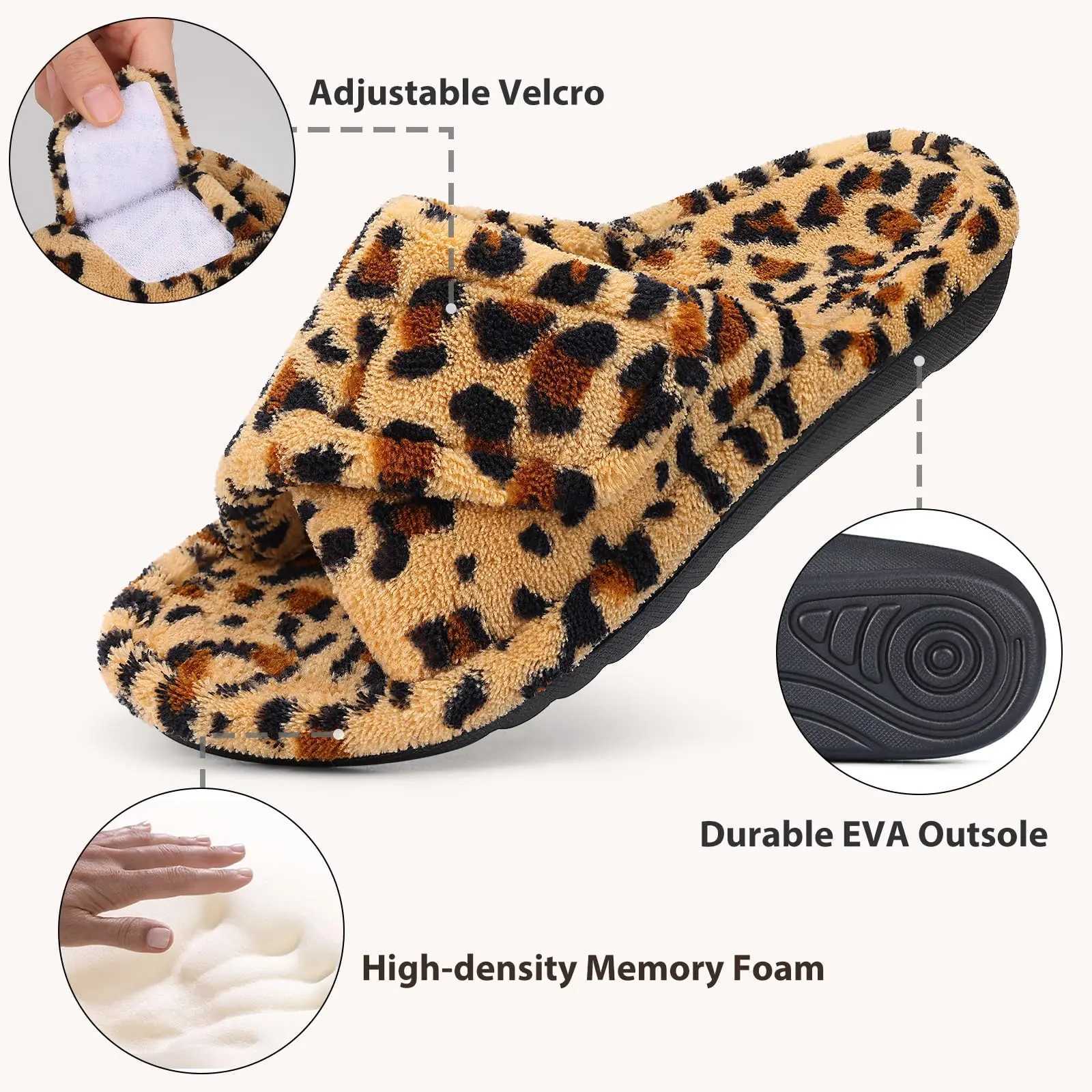 Shevalues Leopard Print Fur Women Slippers Fuzzy House Slippers Winter Open Toe Cotton Slippers Fashion Indoor Orthopedic Slides Z250614