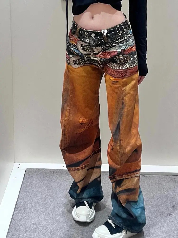 Threedimensional Color oil Painting Coverage Belt Shape Abstract Gradient n Straight Jeans Womens Versatile Street Pants 250612