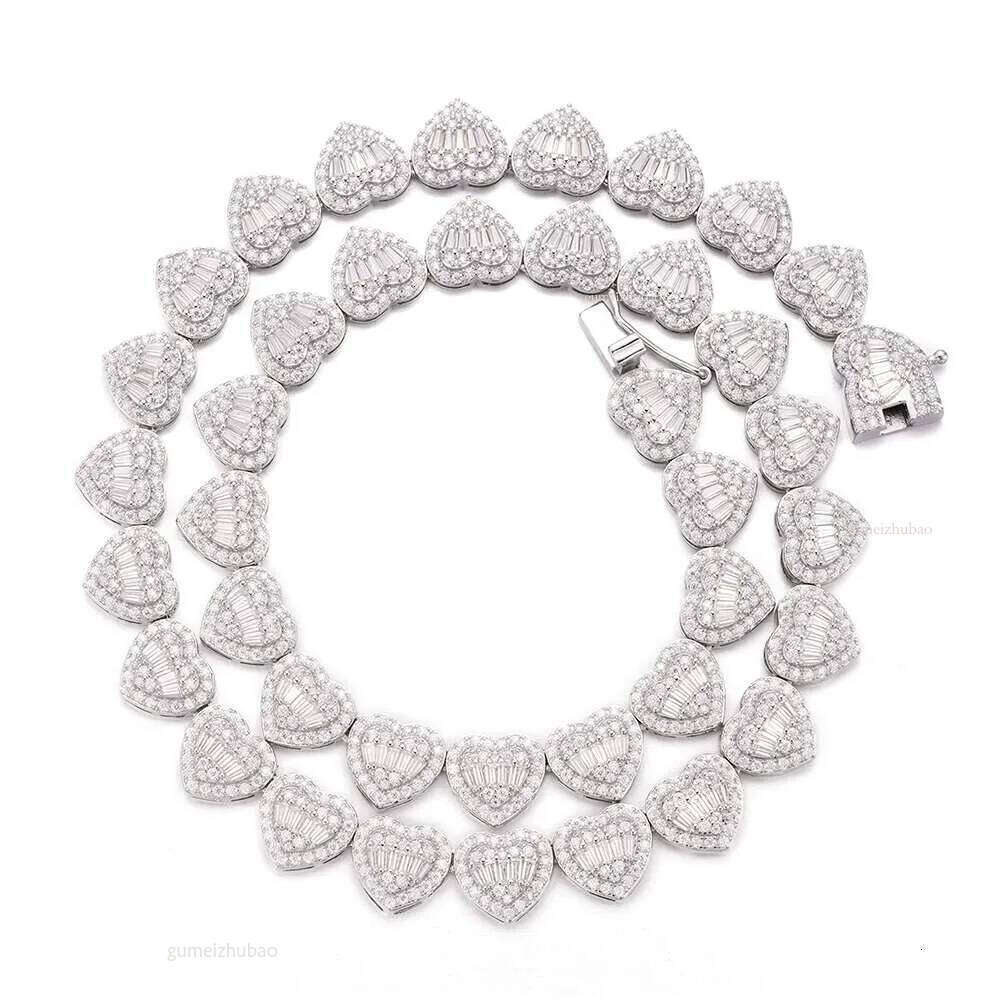 Iced Out Sier Hip Hop Jewelry 12mm Heart Shape Cz Moissanite Tennis Necklace Chain
