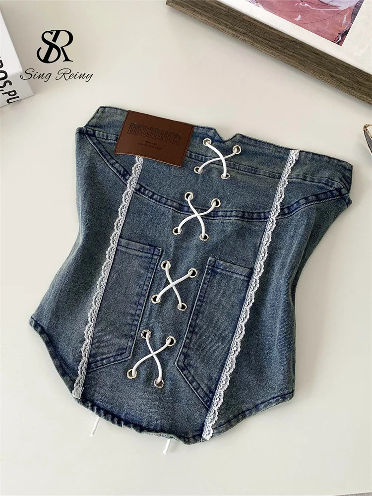 SINGREINY Denim Camisole Female Strapless Cross Ruched Backless Lace Mini Top Fashion Elastic American Retro Sexy Tank Top 250611