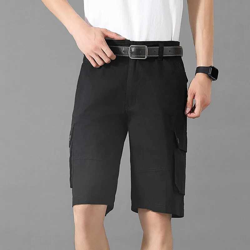 Summer Safari Style Casual Shorts Men Cotton Solid Color Multiple Pockets Cargo Shorts Mens Daily Loose Knee Length Plus Size W250614