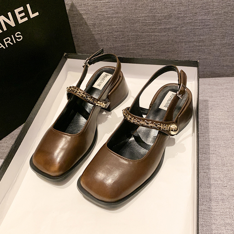 Ddmyoutdoor French Style Black High Heels Closed Toe Sandals Women New Spring Summer Chunky Heel Mary Jane Evening Single Shoes Outdoor Shoes