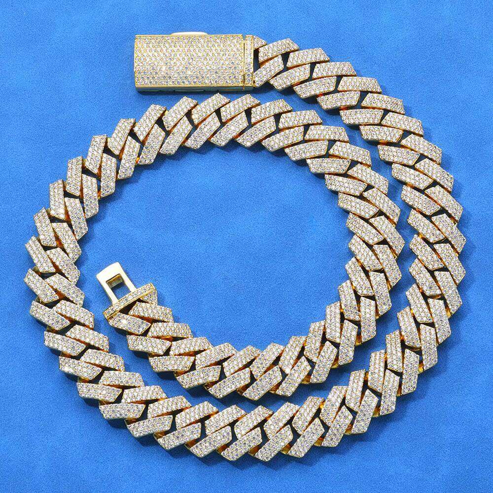 S Mens Sier Stone Necklace Three Rows Full Hip-Hop Dia Cuban Chain
