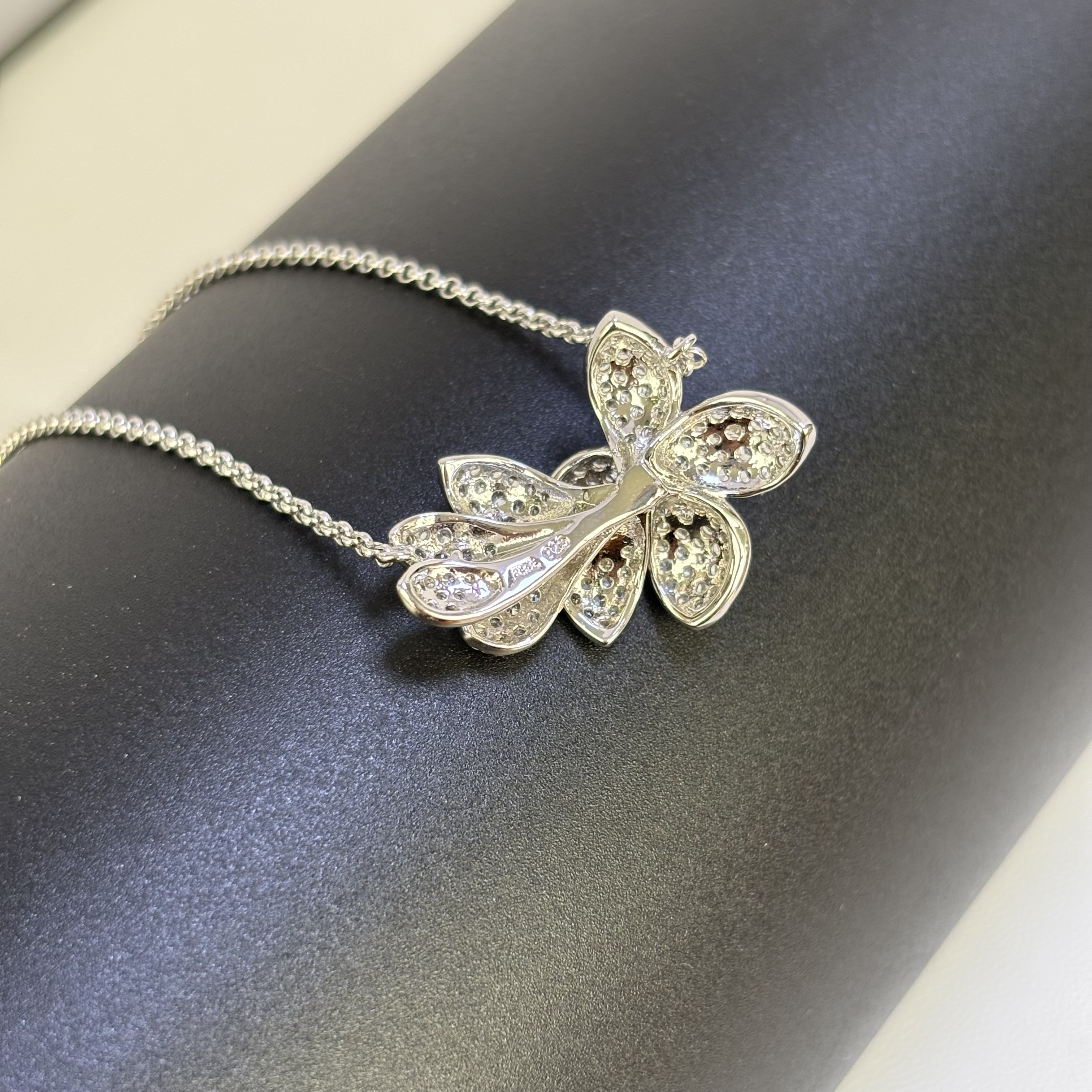 Olive leaf pendant necklace 925 silver with white zirconia, 19 inches long chain, Valentine's Day