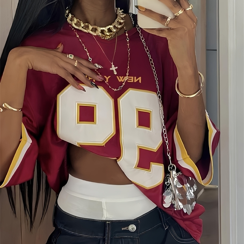 Summer Women Red Number Placed Pattern Loose Quick Drying Sports and Leisure Tshirt Comfortable w250520