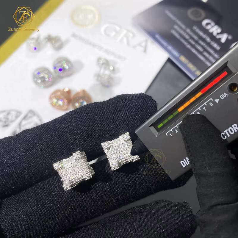 Drop Shipping Iced Out Hip Hop Sterling Silver 925 Silver Gold Plated Screw Back Square Moissanite Diamond Stud Earrings Men