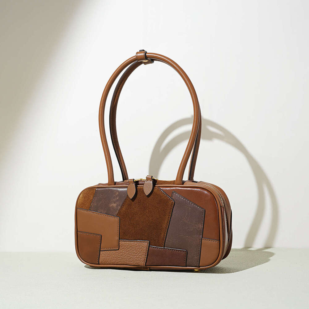 2025 Top Layer Cowhide Patchwork Bowling Briefcase Maillard Series Women's Handbag Underarm Bag