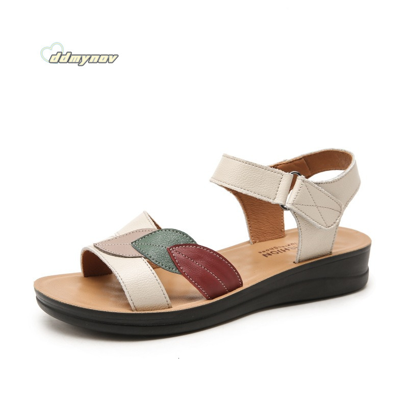 Top Layer Cowhide Mom Sandals Genuine Leather 50 Years Old Summer Soft Sole Women's Shoes Middle-aged Flat Elderly Non-slip Women ddmynov