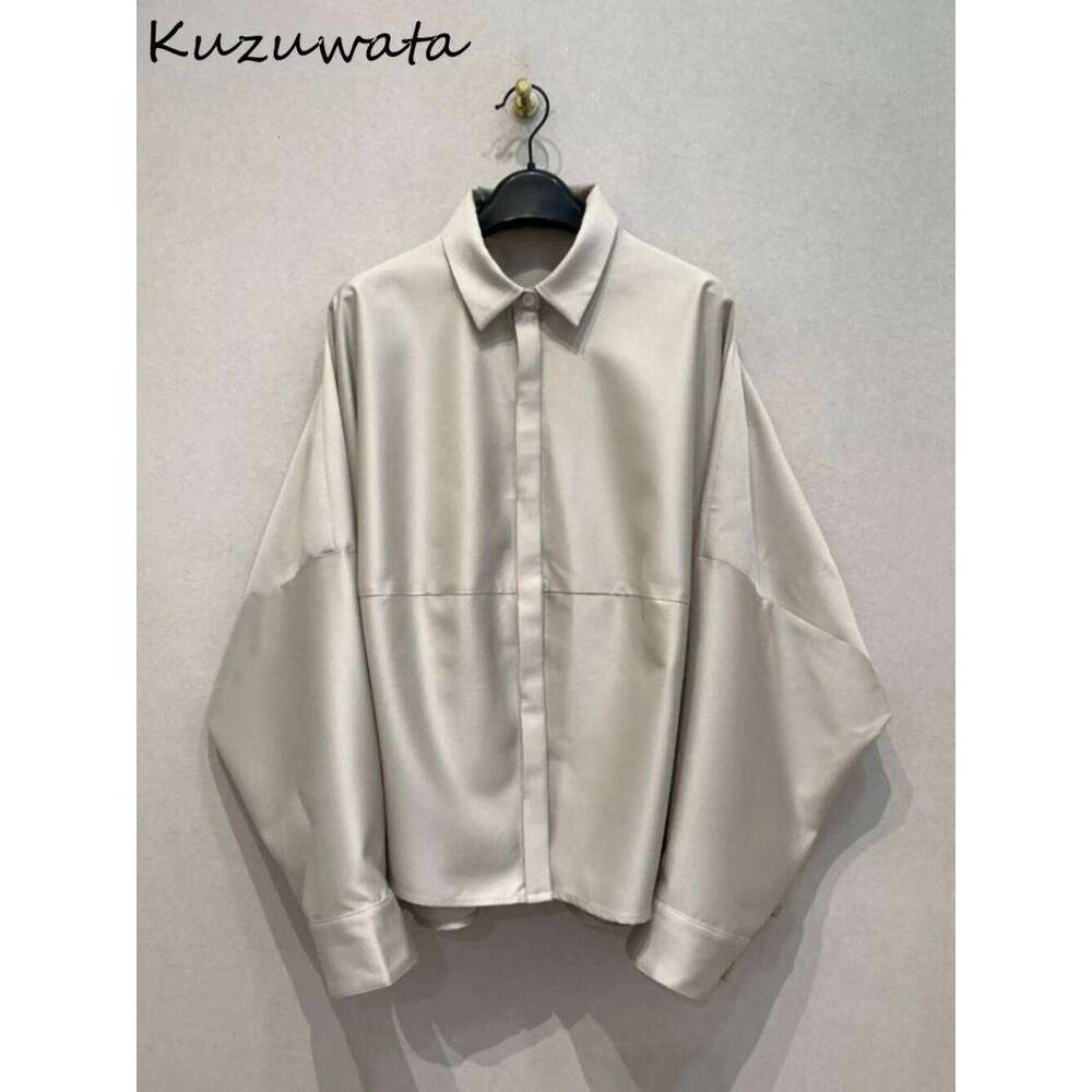 Kuzuwata Haruku Streetwear Turn-down Collar Loose Blusa Slim Lantern Sleeve Advanced Casual Crop Top Japan Profile Simple Tops