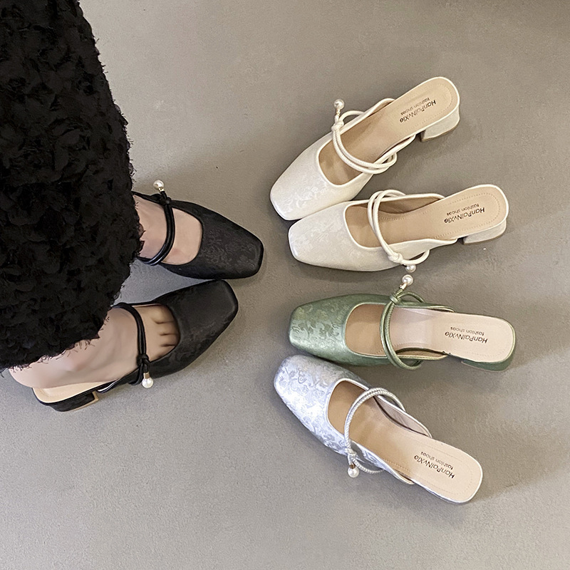 Ddmyoutdoor Baotou Half Slippers For Women Summer Outdoor Wear New Korean Style French Evening Breeze Elegant Silver Single Shoes With Thick Heels Out