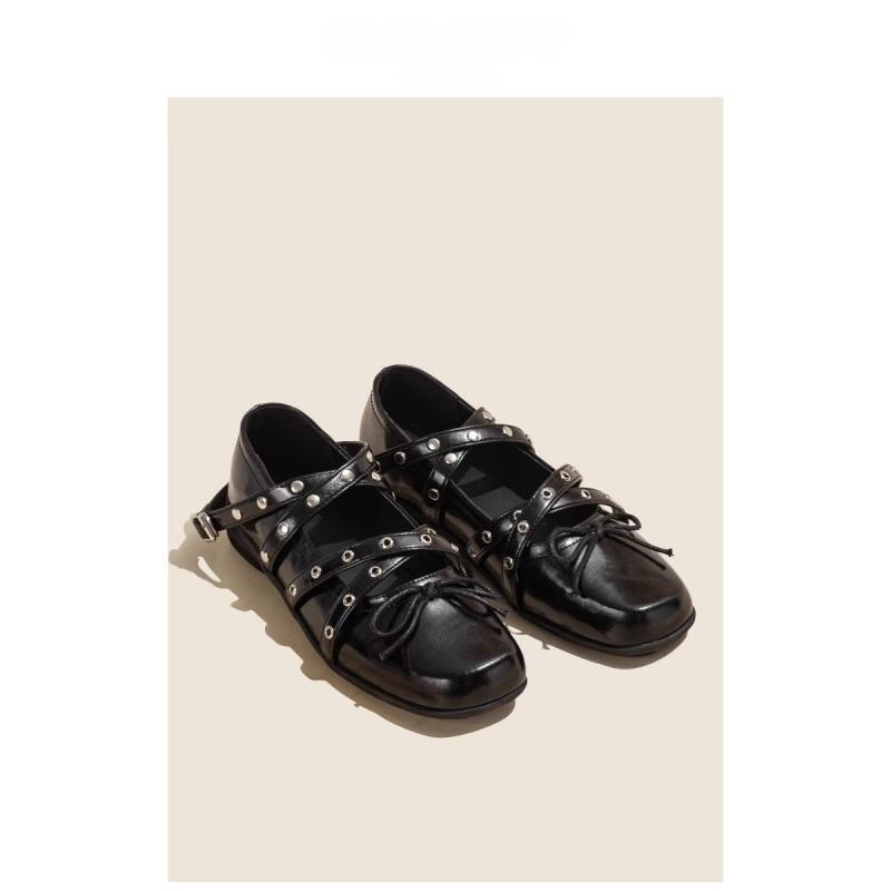 Ddmysheep Ddmysheep Red Cross Strap Bowknot Small Single Shoes For Women Spring New Shallow Mouth Rivet Ballet Flats
