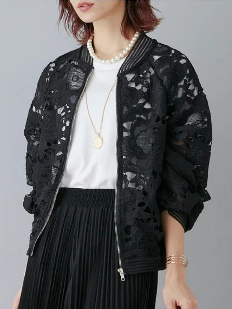Hollow Out Lace Coat Women Ropa Mujer Long Sleeve Loose Korean Summer Y2k Tops Zipper Stand Neck Casual All Match Jackets 250611
