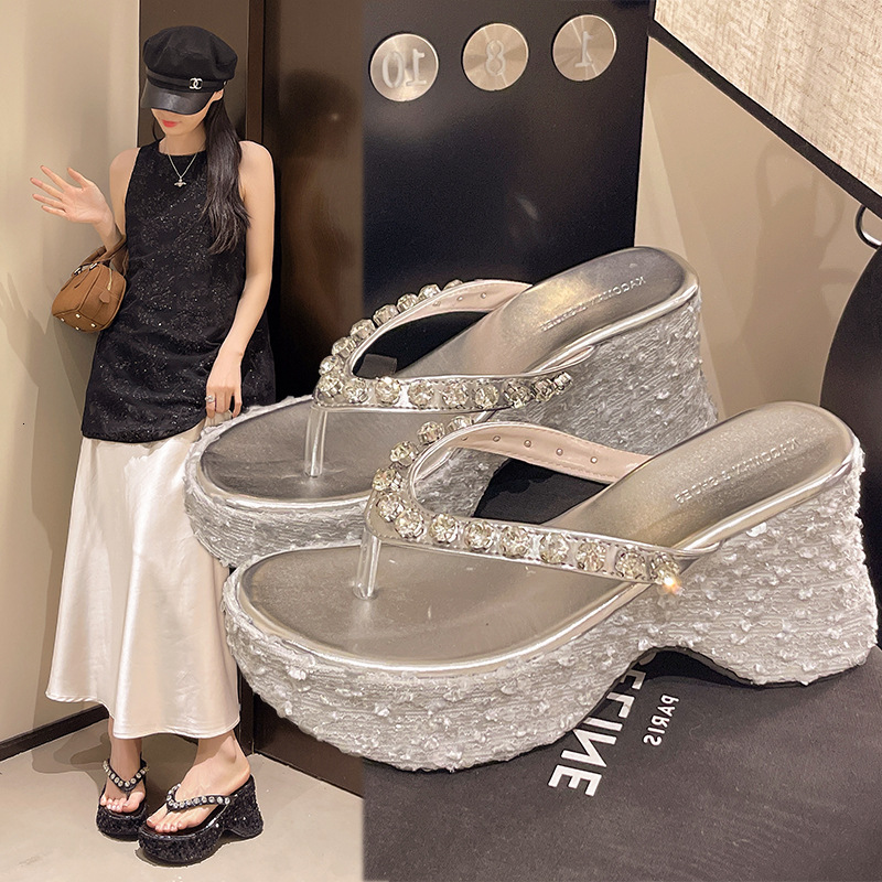Ddmyoutdoor Silver Waterproof Platform Thick Sole High Heel Wedge Slippers For Women New Summer Outdoor Rhinestone Sequin Flip Flops Outdoor Shoes