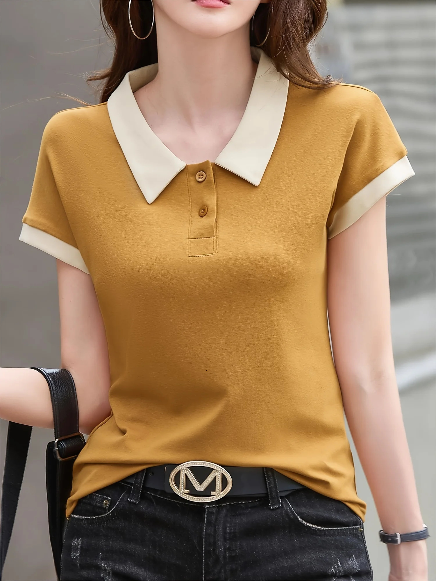 Womens solid color neckline contrast n summer short sleeve POLO shirt fashion breathable knit top can be machine washed 250609