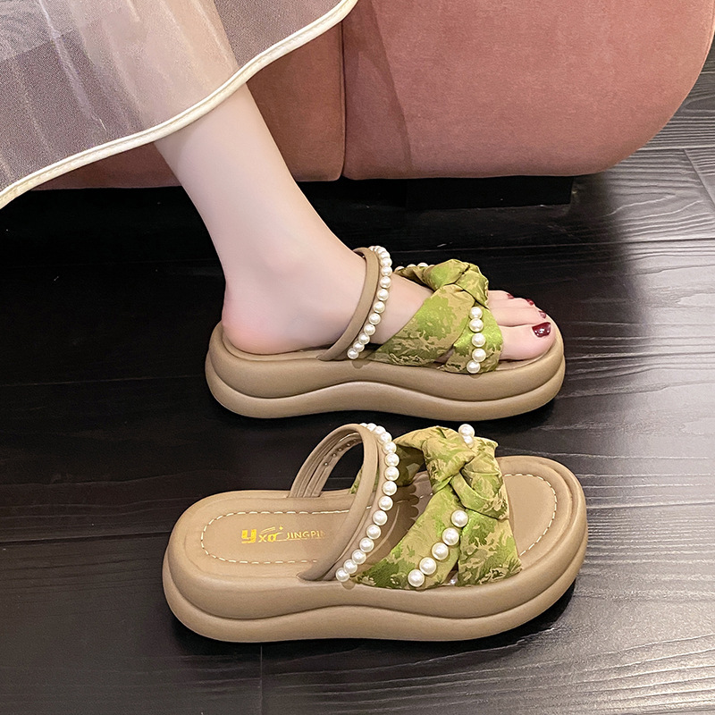 Ddmyoutdoor Ddmyoutdoor Thick Sole Pearl Slippers Women Outdoor Wear Summer New Style One Strap Cross Flat Sandals For Shoes Outdoor Shoes