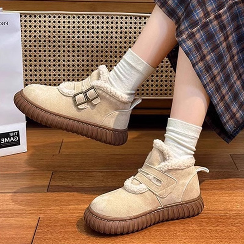 Ddmysports Women S Snow Boots Winter New British Style Fleece Lined Thickened Warm Leather And Wool Integrated Thick Sole Fur Cotton Shoes Outdoor Sho